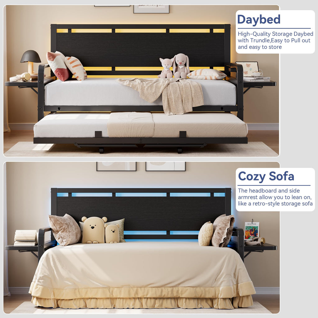 Black Metal Daybed with Trundle and LED Light S662