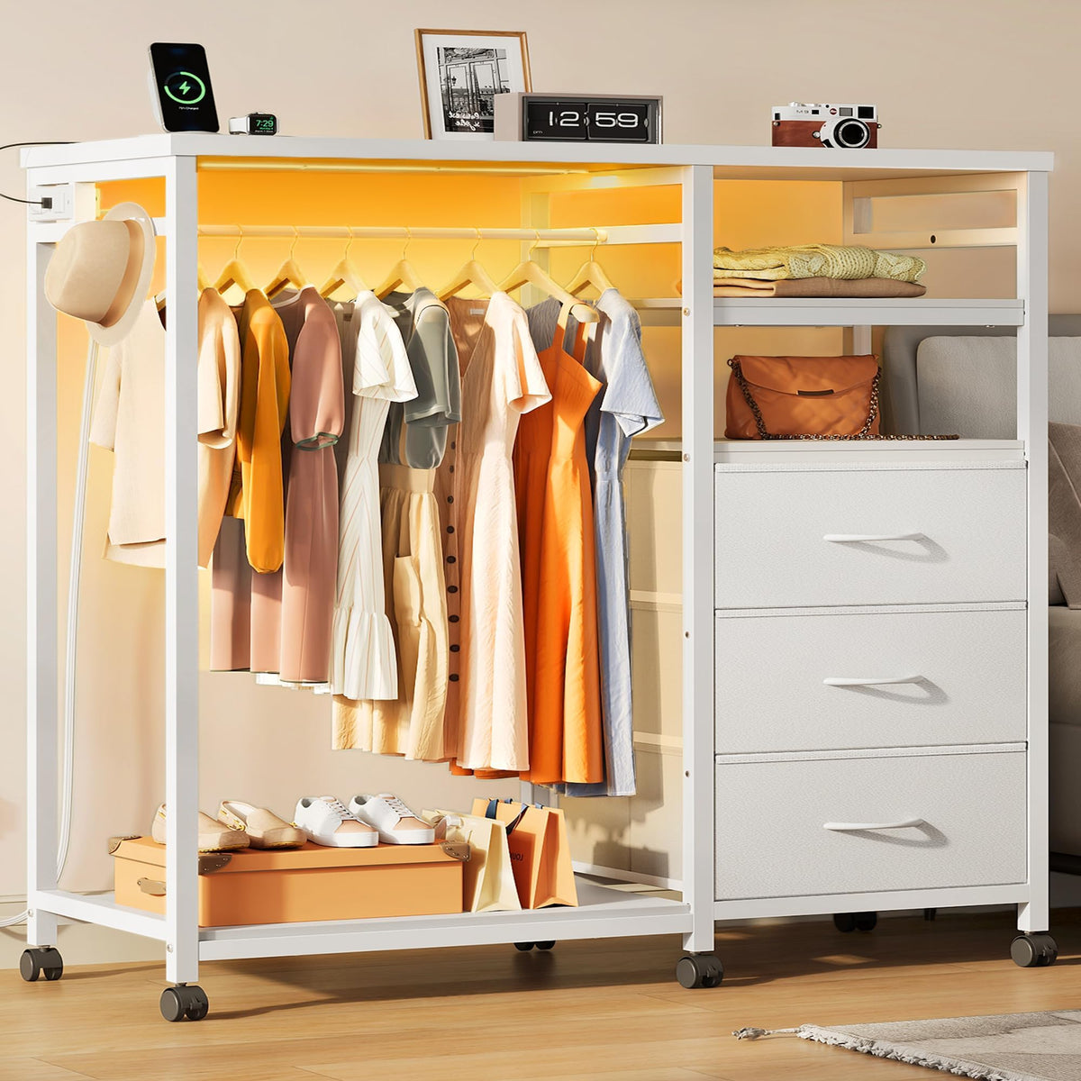 White 3 Drawer Dresser with Hanging Rack M671750