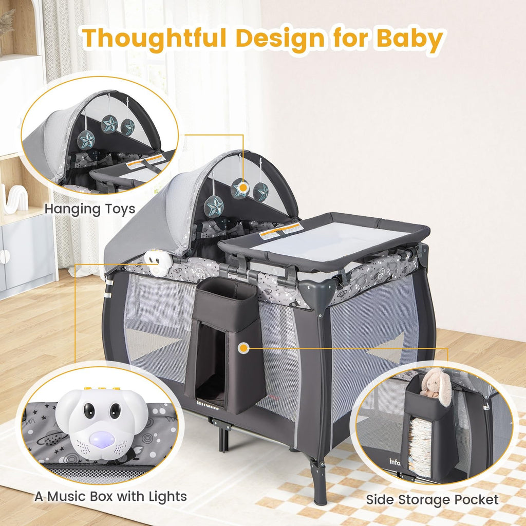 4 in 1 Pack and Play with Bassinet, Changing Table, Storage Basket B80249