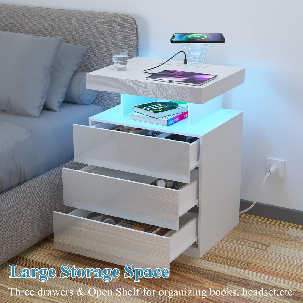 White 3 Drawer Nightstand with Charging Station and LED Light M355