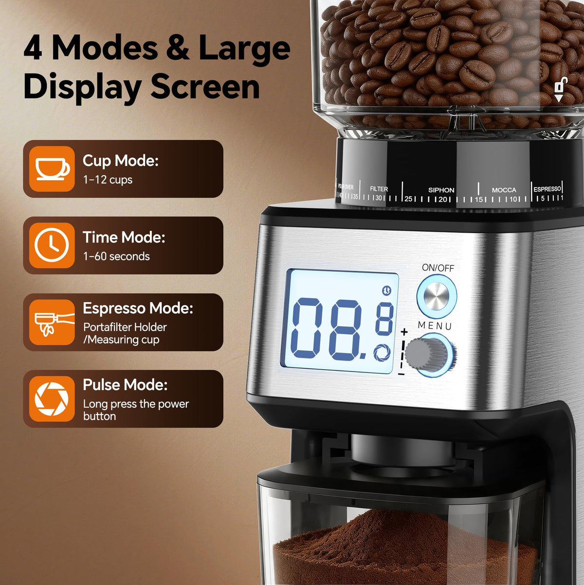 Conical Burr Coffee Grinder, 51 Grind Settings, 1-12 Cups, Stainless Steel E1314