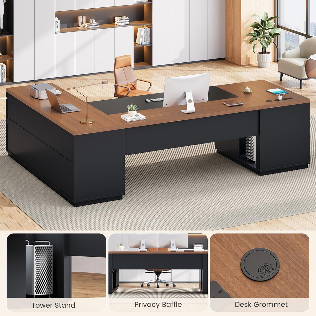 78.7" L Shaped Executive Desk with Charging Station, File Drawers & Storage Cabinet, Black + Brown H644777