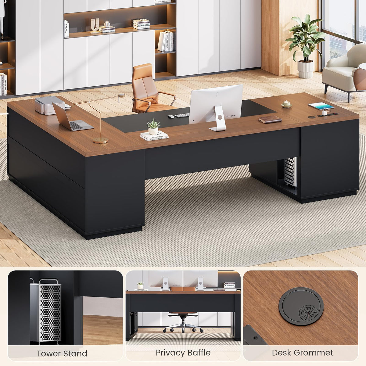 78.7" L Shaped Executive Desk with Charging Station, File Drawers & Storage Cabinet, Black + Brown H644777