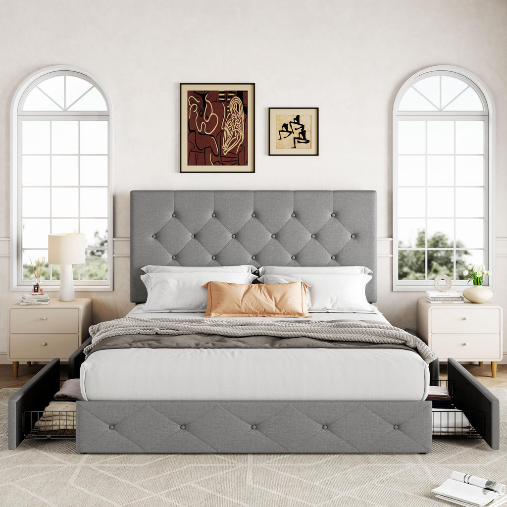 Queen Size Light Grey Upholstered Storage Bed Frame with 4 Drawers Y4150
