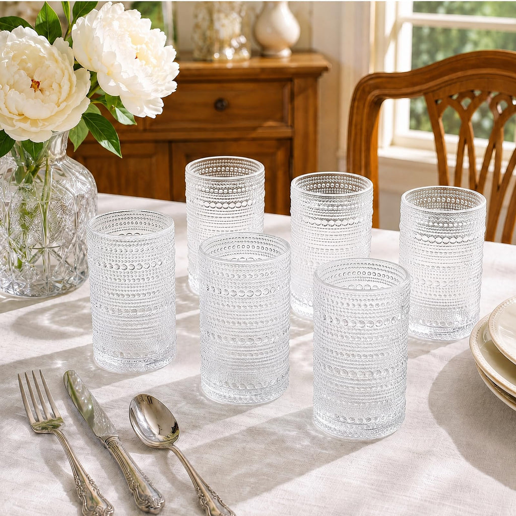 Set of 6 Vintage Hobnail Drinking Glasses, 13 oz Clear Embossed Glassware K587950