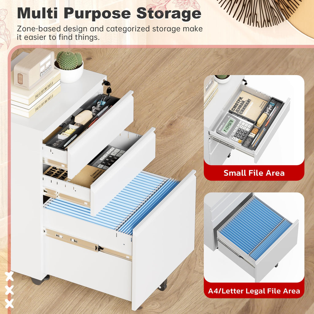 White 3 Drawer Metal Rolling File Cabinet H280