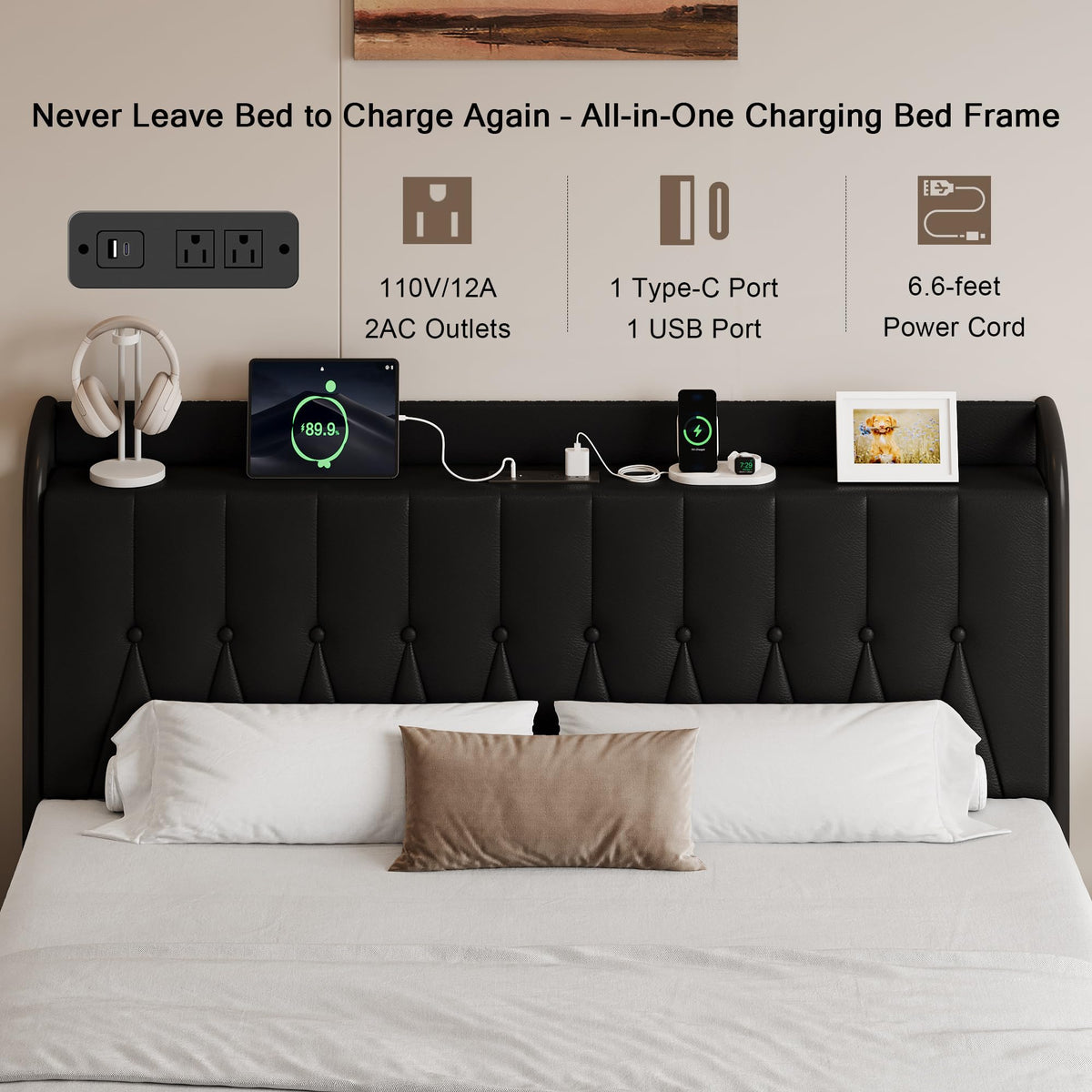 Black Full Size Platform Bed Frame with Faux Leather Upholstered Storage Headboard S8699