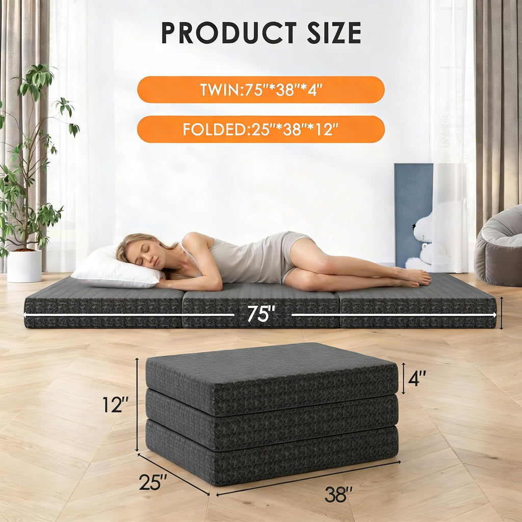 4 Inch Tri-Fold Twin Size Memory Foam Mattress with Washable Cover X197