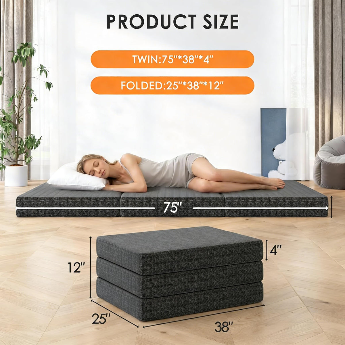 4 Inch Tri-Fold Twin Size Memory Foam Mattress with Washable Cover X197