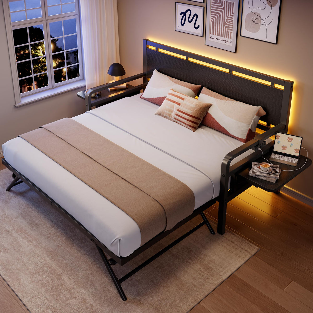 Black Metal Daybed with Trundle and LED Light S662
