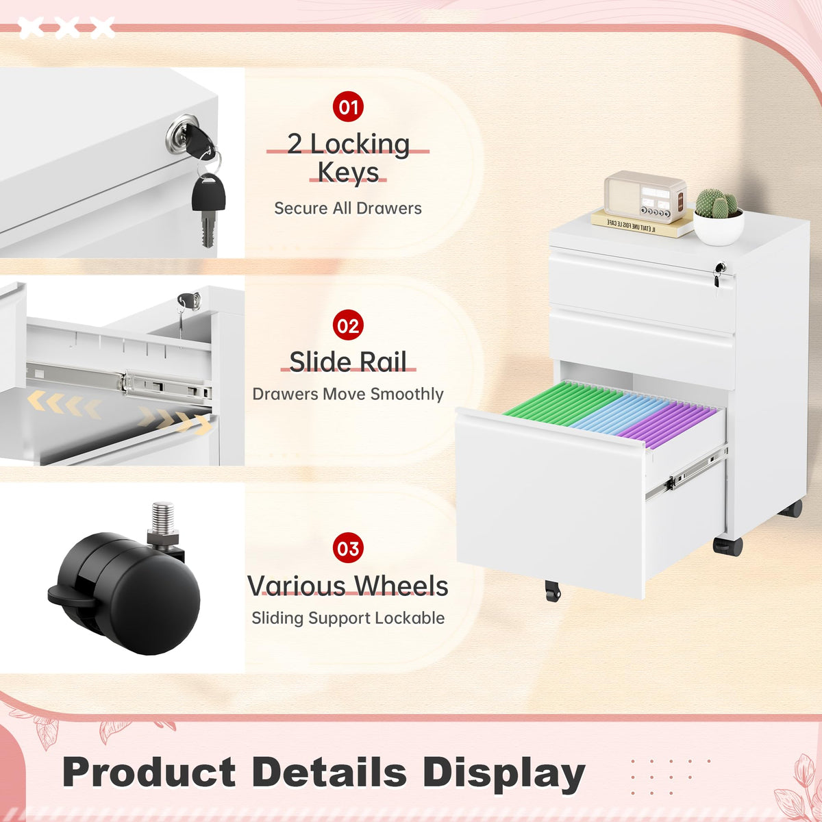 White 3 Drawer Metal Rolling File Cabinet H280