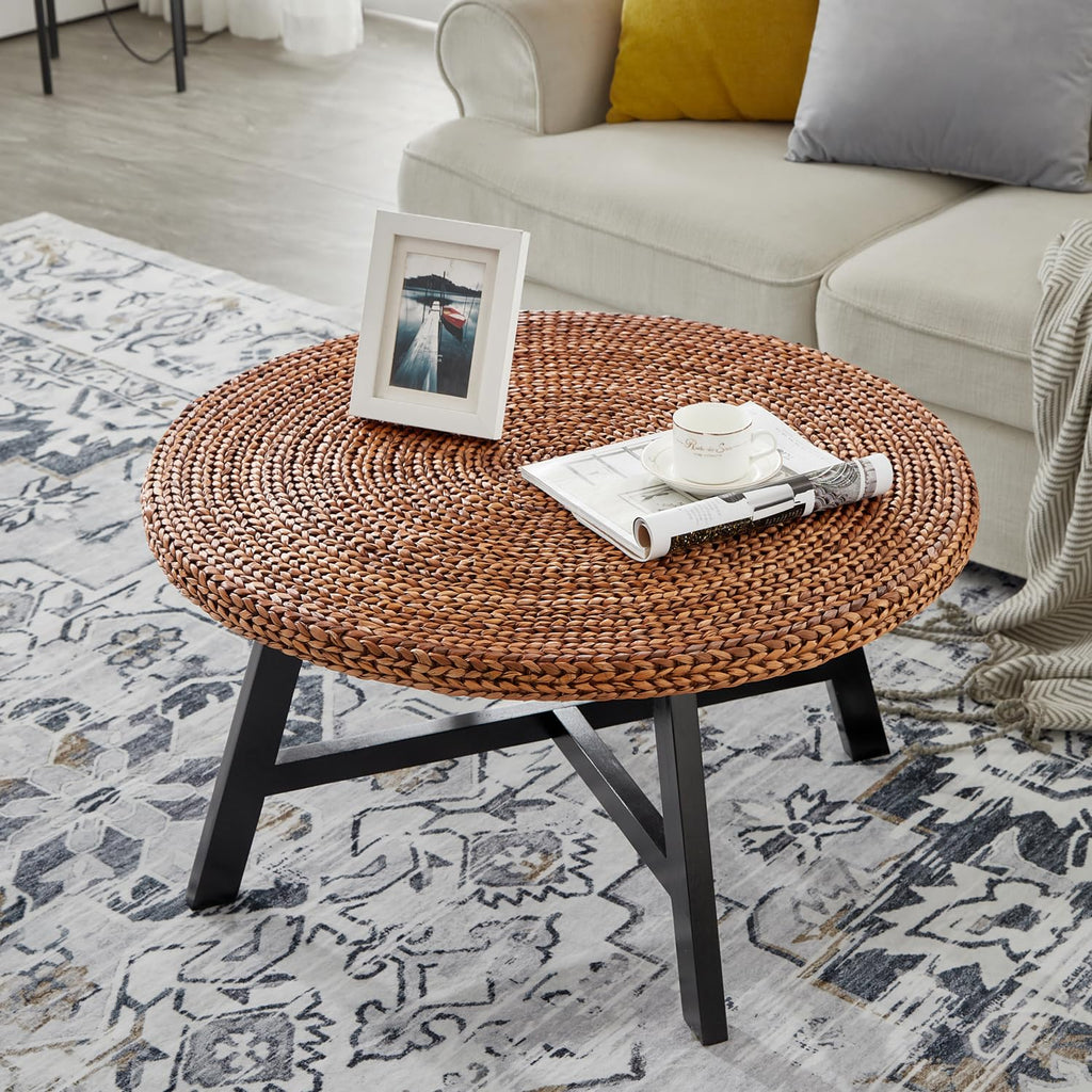 32 Inch Round Handwoven Seagrass Coffee Table with Pine Wood X Base N85435
