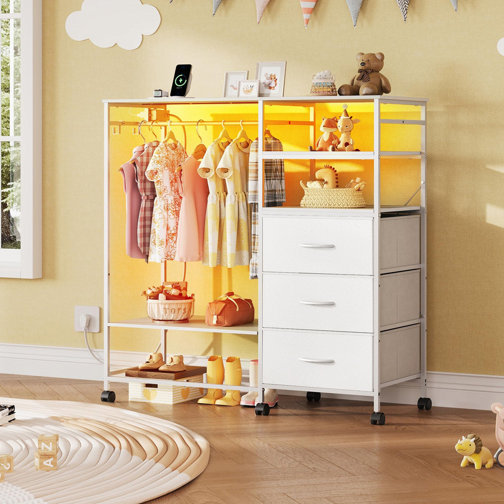 White 3 Drawer Dresser with Hanging Rack M671750