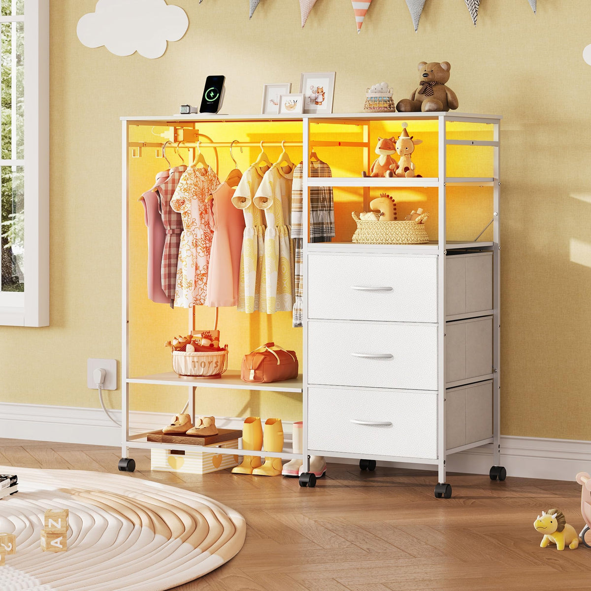 White 3 Drawer Dresser with Hanging Rack M671750