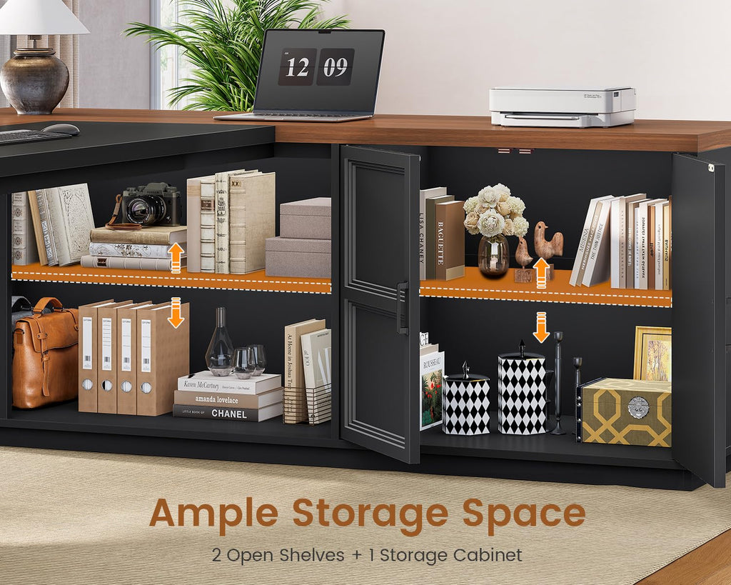 78.7" L Shaped Executive Desk with Charging Station, File Drawers & Storage Cabinet, Black + Brown H644777