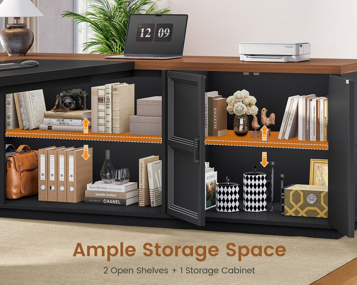 78.7" L Shaped Executive Desk with Charging Station, File Drawers & Storage Cabinet, Black + Brown H644777
