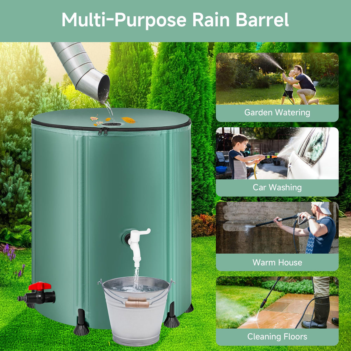 Collapsible 53 Gallon Rain Barrel with Spigots V705
