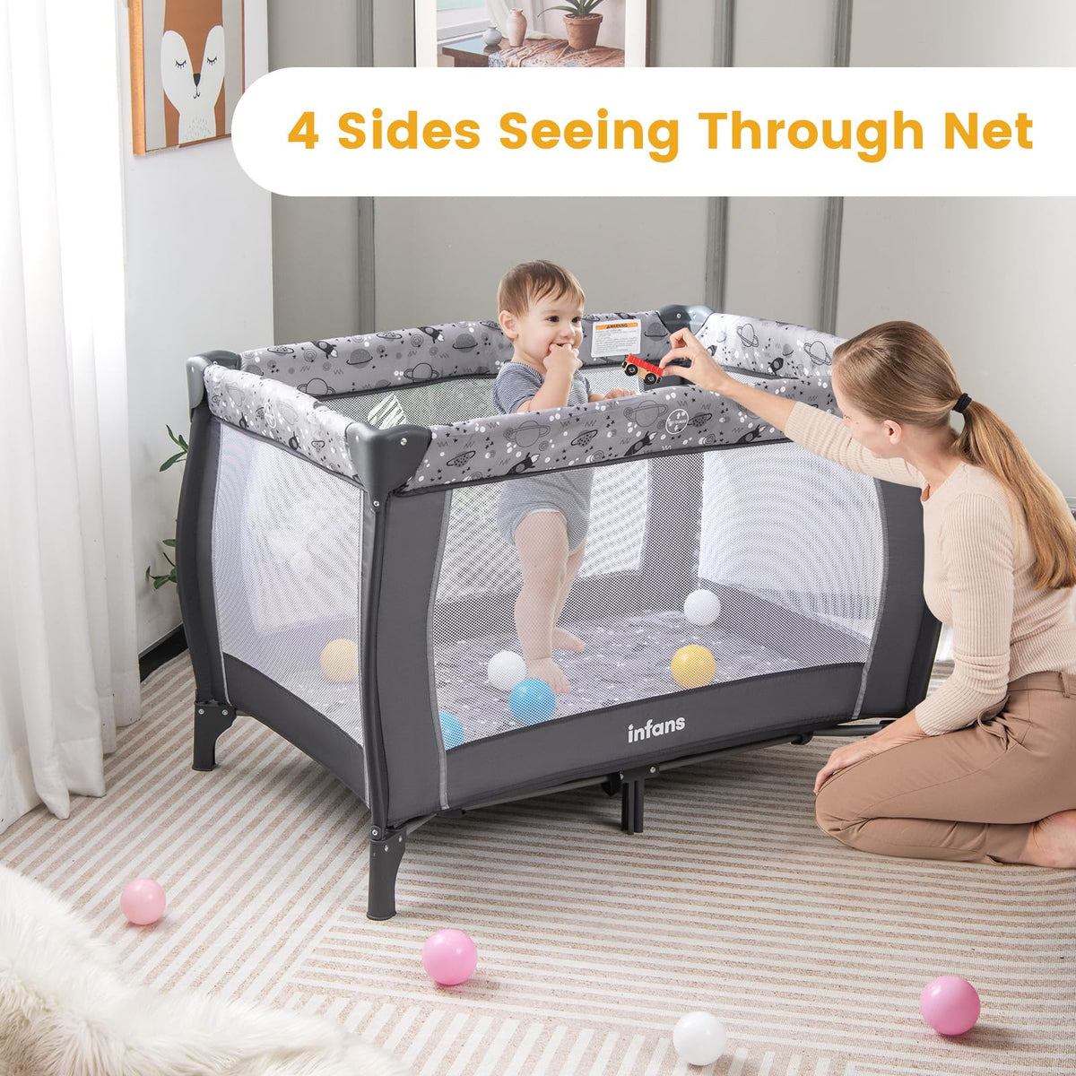 4 in 1 Pack and Play with Bassinet, Changing Table, Storage Basket B80249