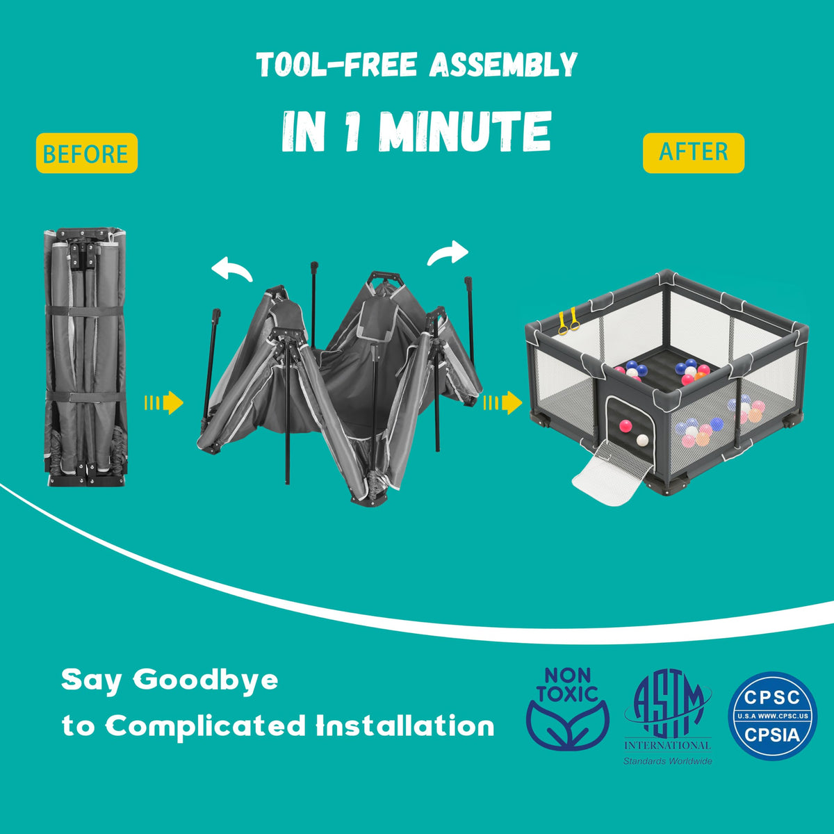 Foldable Playpen for Babies and Toddlers, 50x50 Inches Dark Gray Y294716