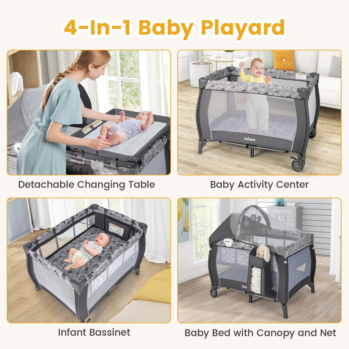 4 in 1 Pack and Play with Bassinet, Changing Table, Storage Basket B80249