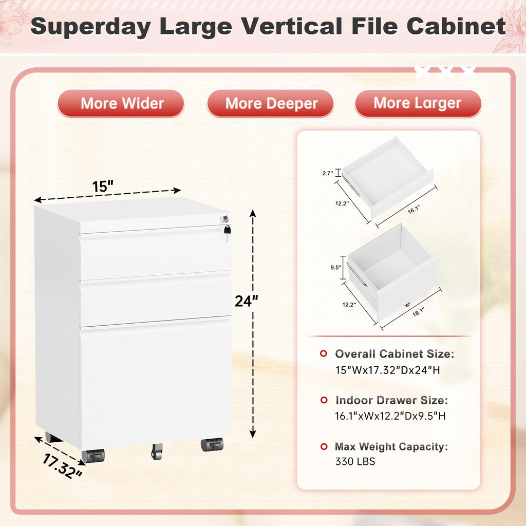 White 3 Drawer Metal Rolling File Cabinet H280