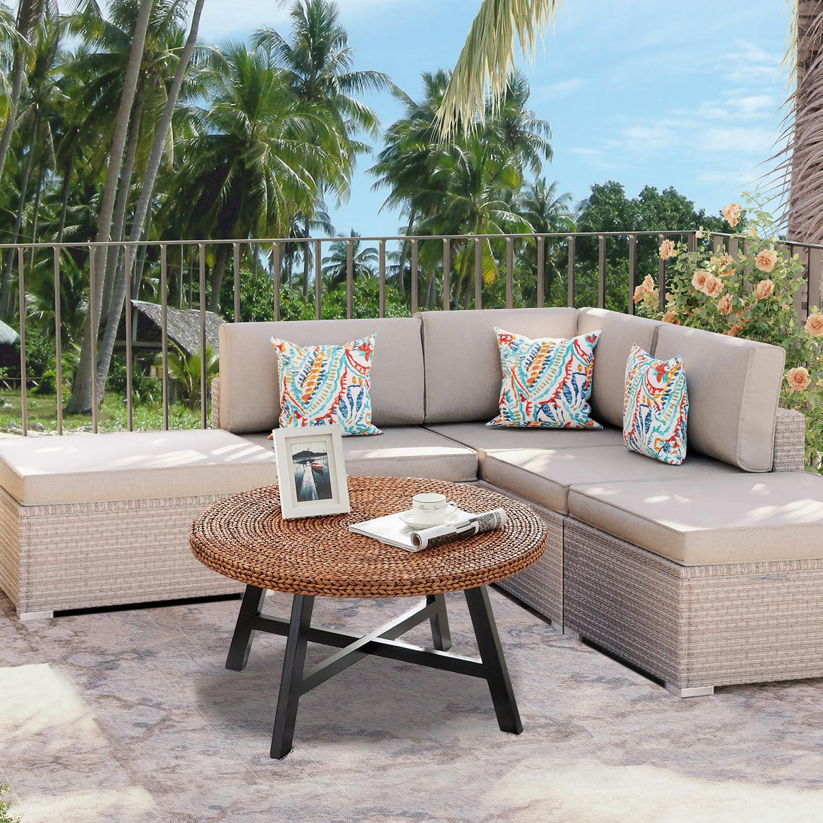 32 Inch Round Handwoven Seagrass Coffee Table with Pine Wood X Base N85435