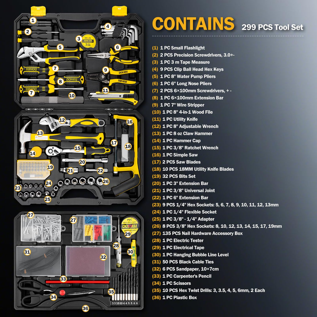 299-Piece Professional Hand Tool Set with Sockets, Pliers, Hex Keys, Screwdrivers H575