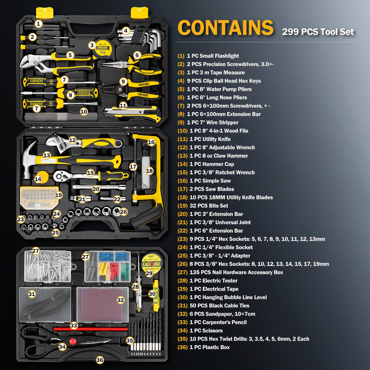 299-Piece Professional Hand Tool Set with Sockets, Pliers, Hex Keys, Screwdrivers H575