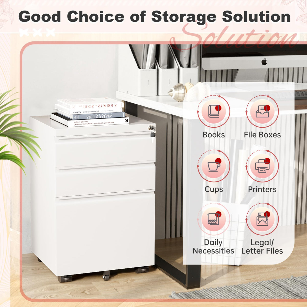 White 3 Drawer Metal Rolling File Cabinet H280
