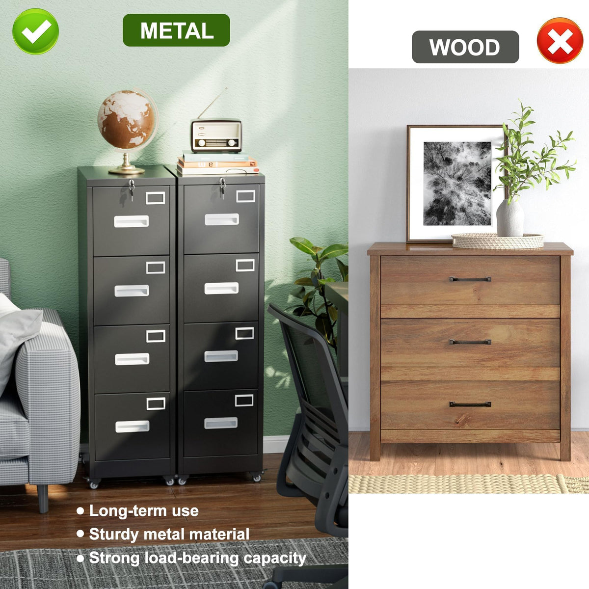 4 Drawer Black Metal File Cabinet with Lock and Wheels U798750