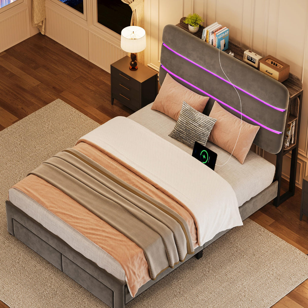 Twin Size Bed Frame with Drawer and Storage Headboard H9146