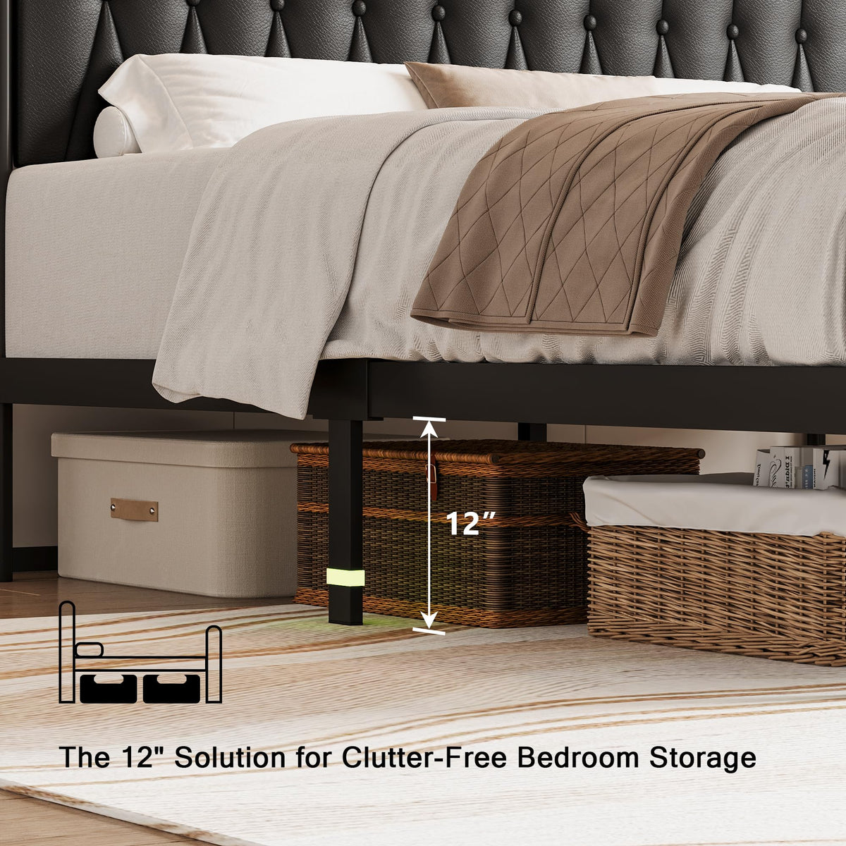 Black Full Size Platform Bed Frame with Faux Leather Upholstered Storage Headboard S8699