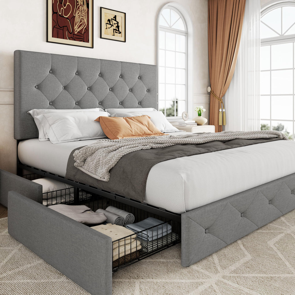 Queen Size Light Grey Upholstered Storage Bed Frame with 4 Drawers Y4150