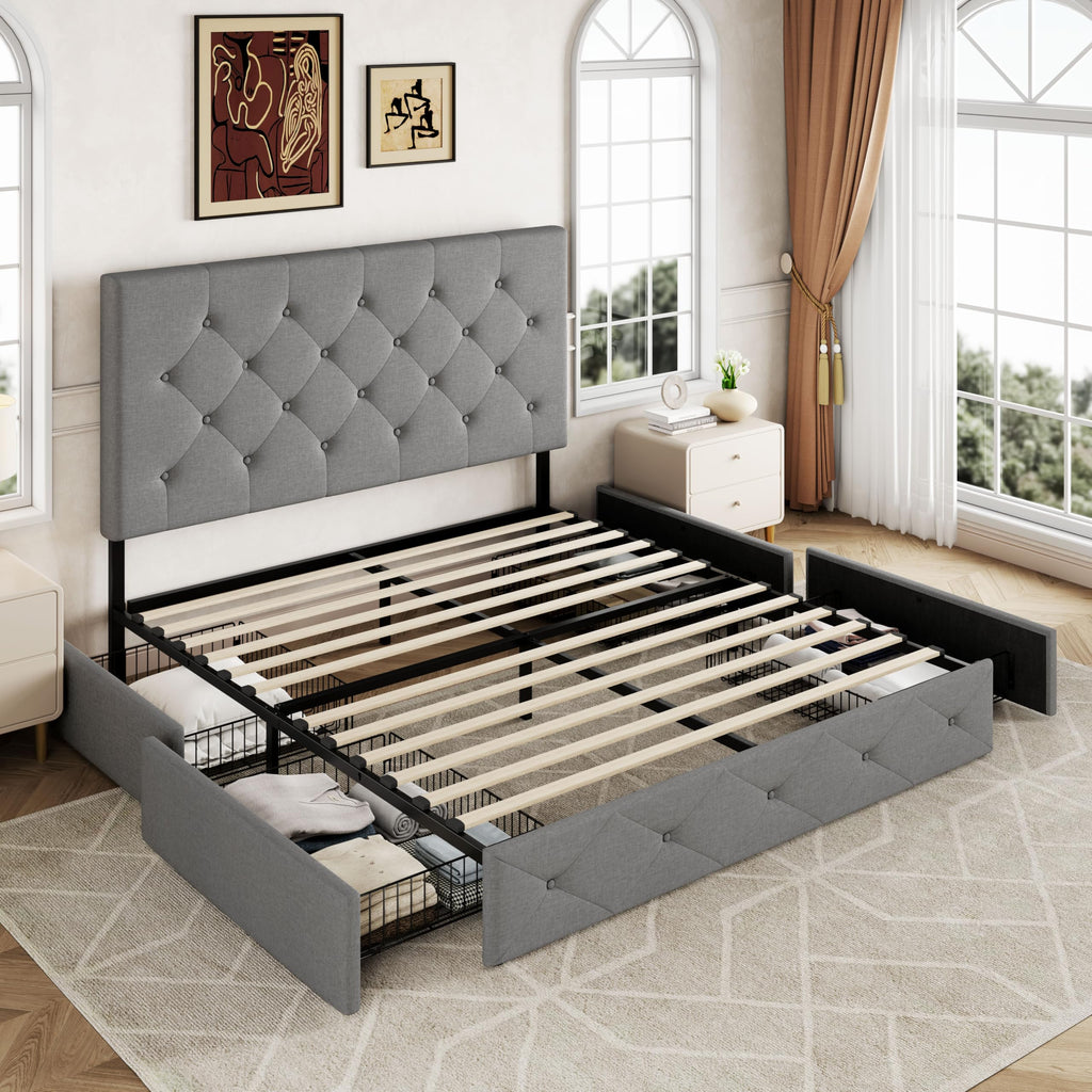Queen Size Light Grey Upholstered Storage Bed Frame with 4 Drawers Y4150