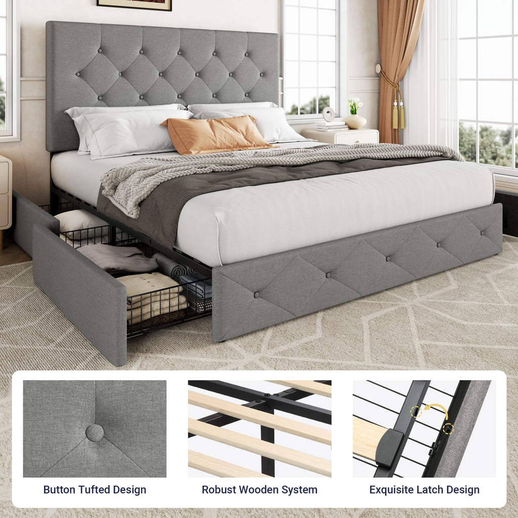 Queen Size Light Grey Upholstered Storage Bed Frame with 4 Drawers Y4150