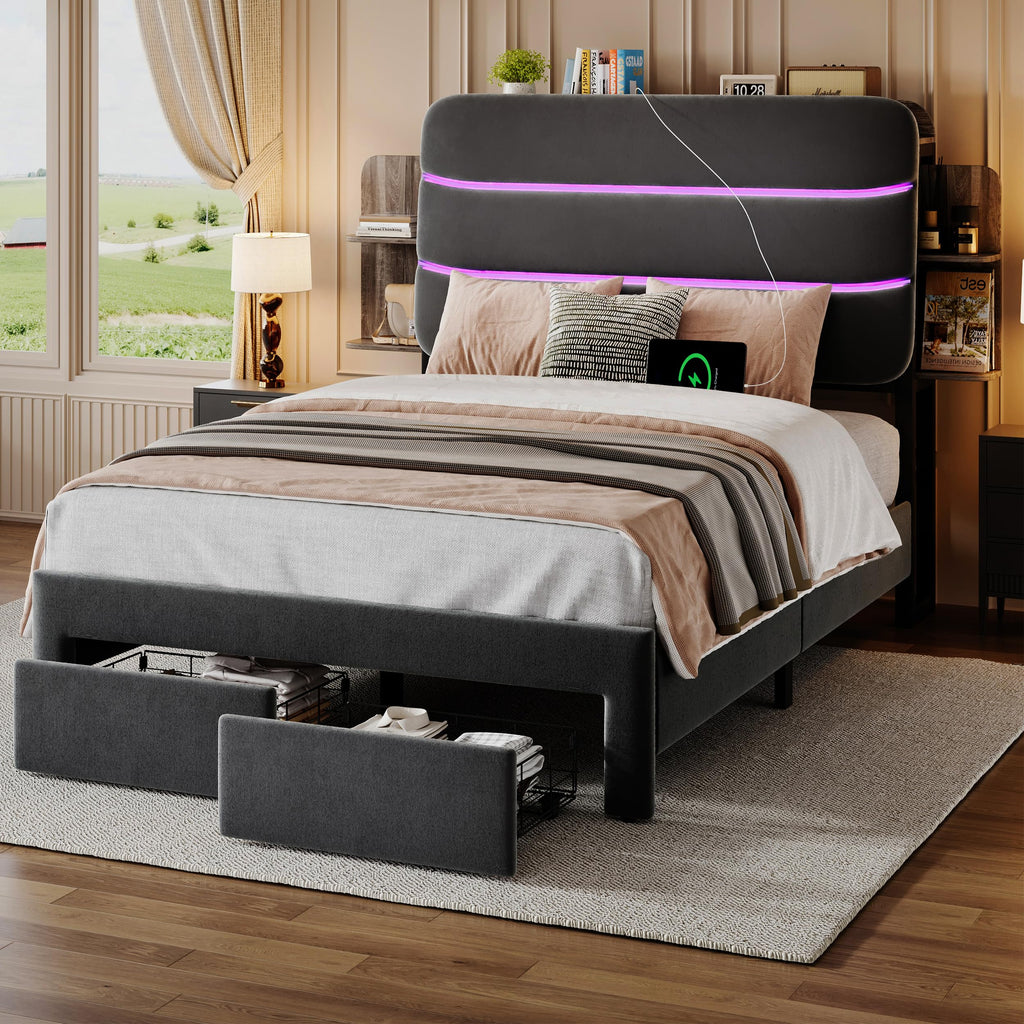 Twin Size Bed Frame with Drawer and Storage Headboard H9146