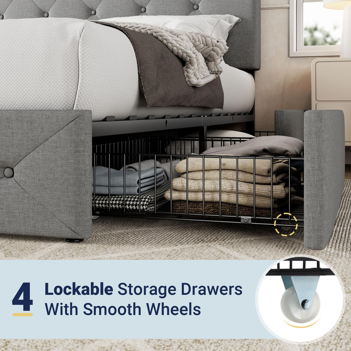 Queen Size Light Grey Upholstered Storage Bed Frame with 4 Drawers Y4150