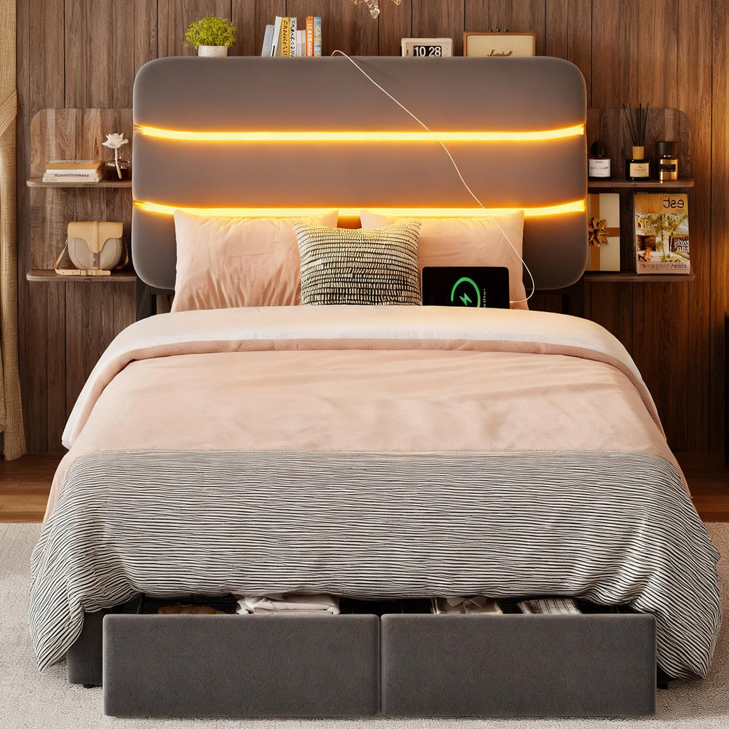 Twin Size Bed Frame with Drawer and Storage Headboard H9146