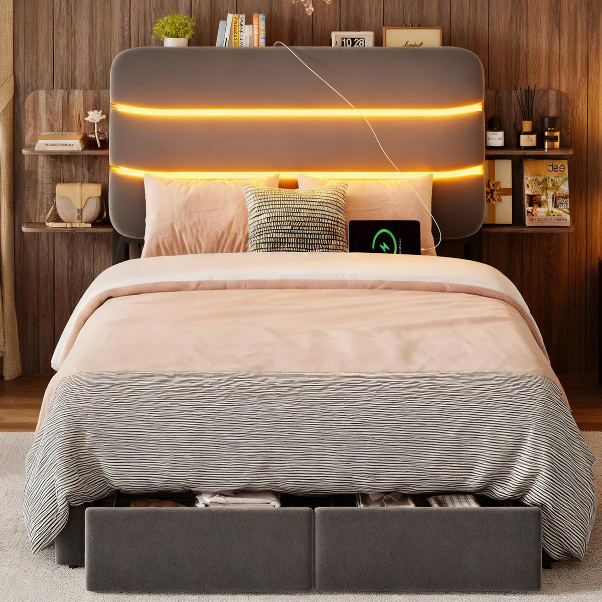 Twin Size Bed Frame with Drawer and Storage Headboard H9146
