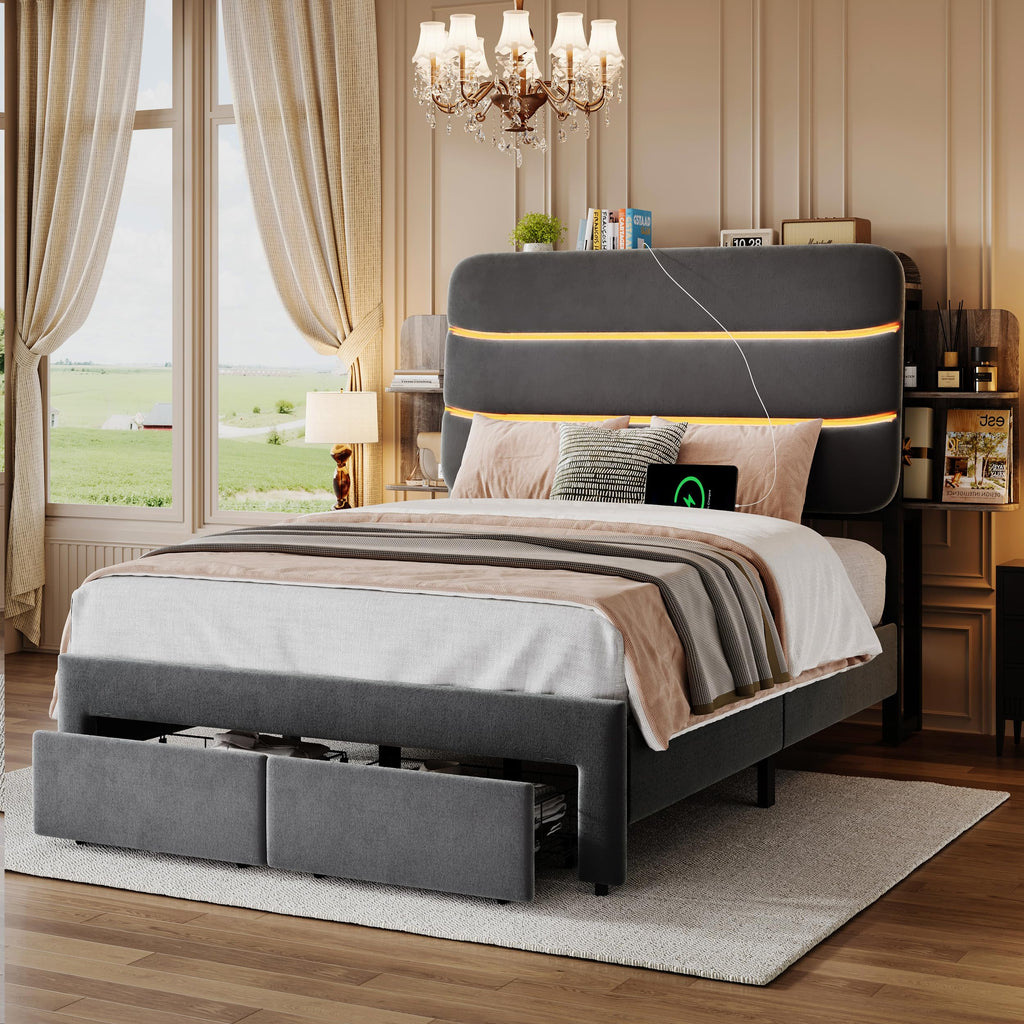 Twin Size Bed Frame with Drawer and Storage Headboard H9146